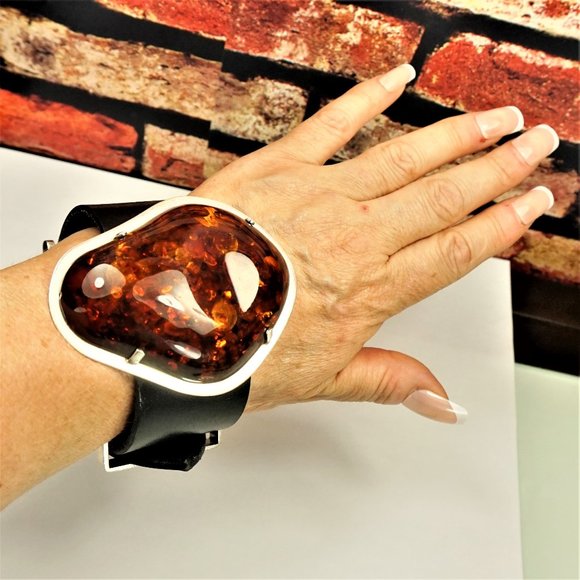 SUPER HUGE AMBER STERLING LEATHER RARE BRACELET 9 BY AMBERMODA UNISEX - Picture 14 of 16